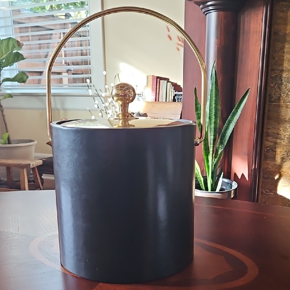 VTG MCM Kraftware Black Faux Leather & Gold/Brass Tone Ice Bucket, Made in USA